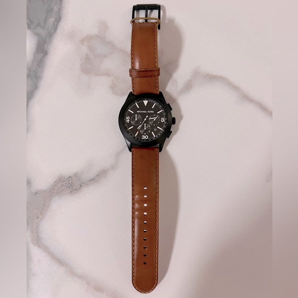 Michael Kors Mens Chronograph Watch — Black Dial, light brown strap